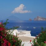 Vista panoramica di Capri e Ischia in primavera, con fiori colorati e mare blu.